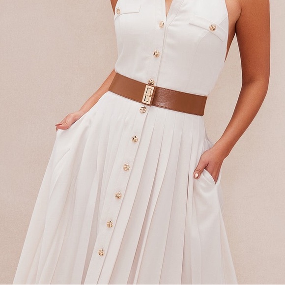 Sleeveless Halter Button-Front Maxi Dress in Ivory with Brown Belt - Picture 4 of 4